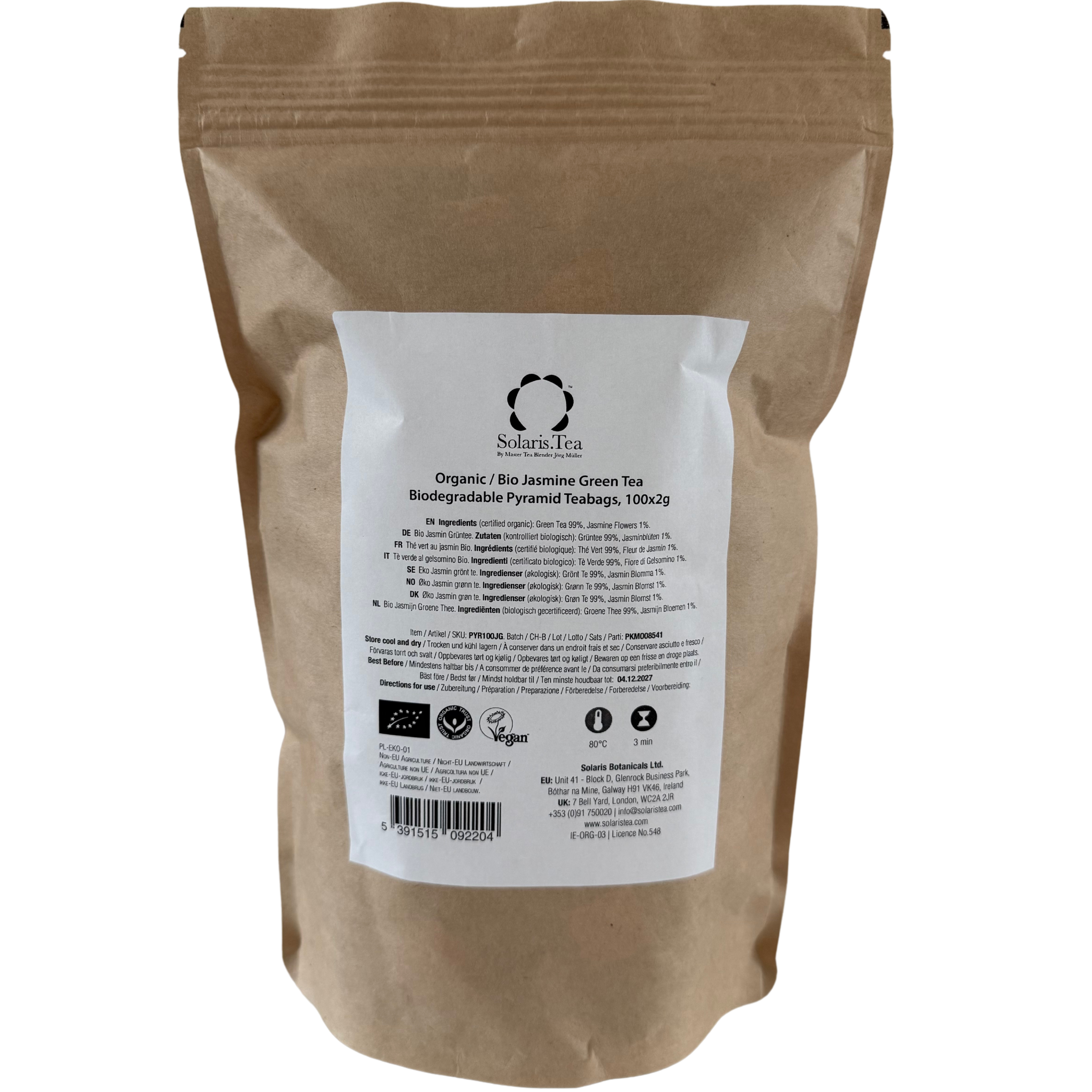 Jasmine Green Tea Organic 100x2g Pyramid Teabags Pouch